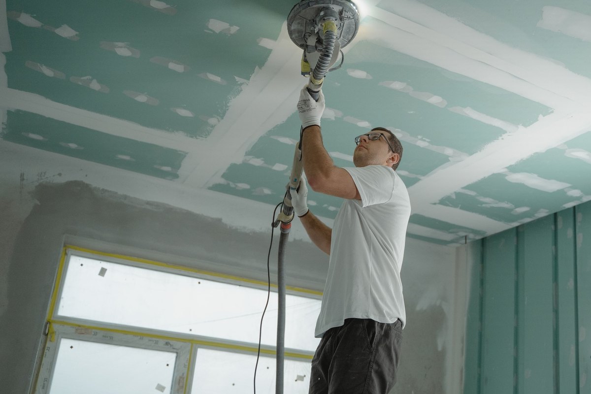 Worker sanding taped and mudded drywall ceiling joints with a long-handled sander