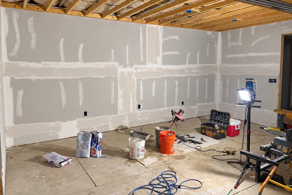 Room of new drywall with taped seams and patches of joint compound beside work lights