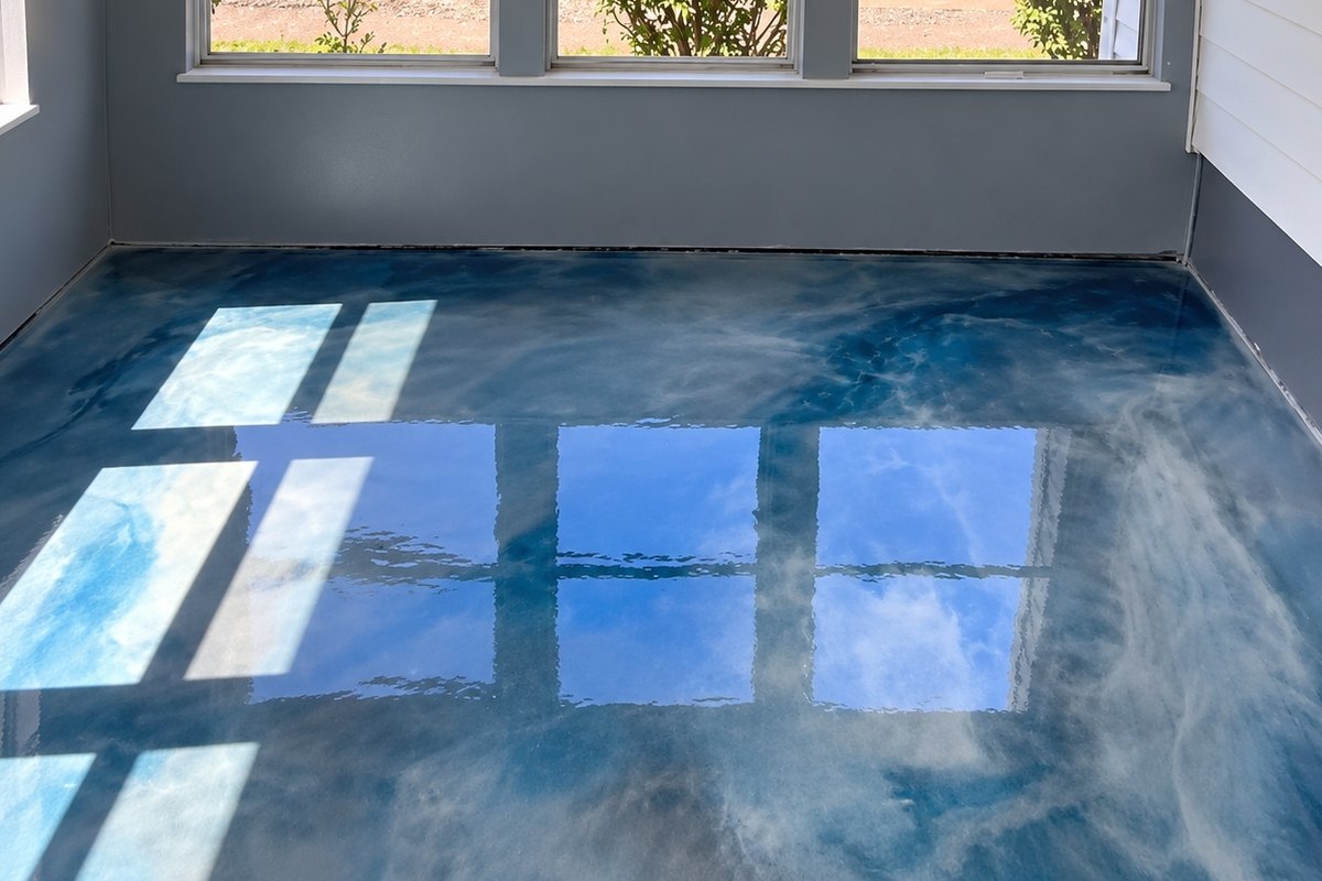 Enclosed porch with a high-gloss metallic epoxy floor in swirled blue tones