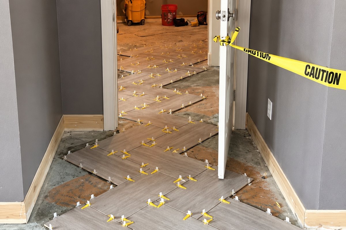Hallway with gray wood-look porcelain plank tile in a herringbone pattern