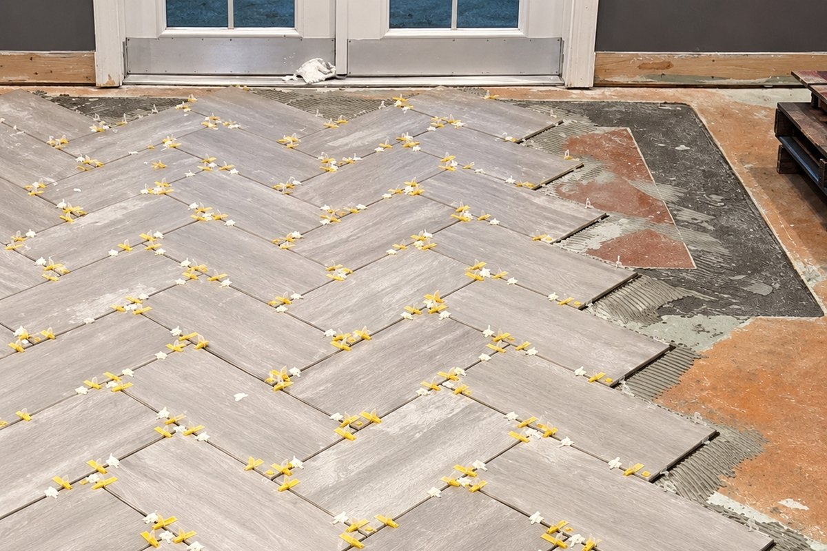 Gray wood-look porcelain plank tiles being laid in a herringbone pattern