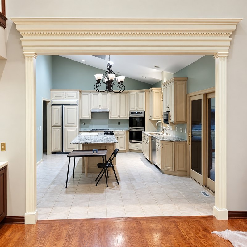 Cream-painted cased opening between rooms, framed by fluted pilasters under a dentil header