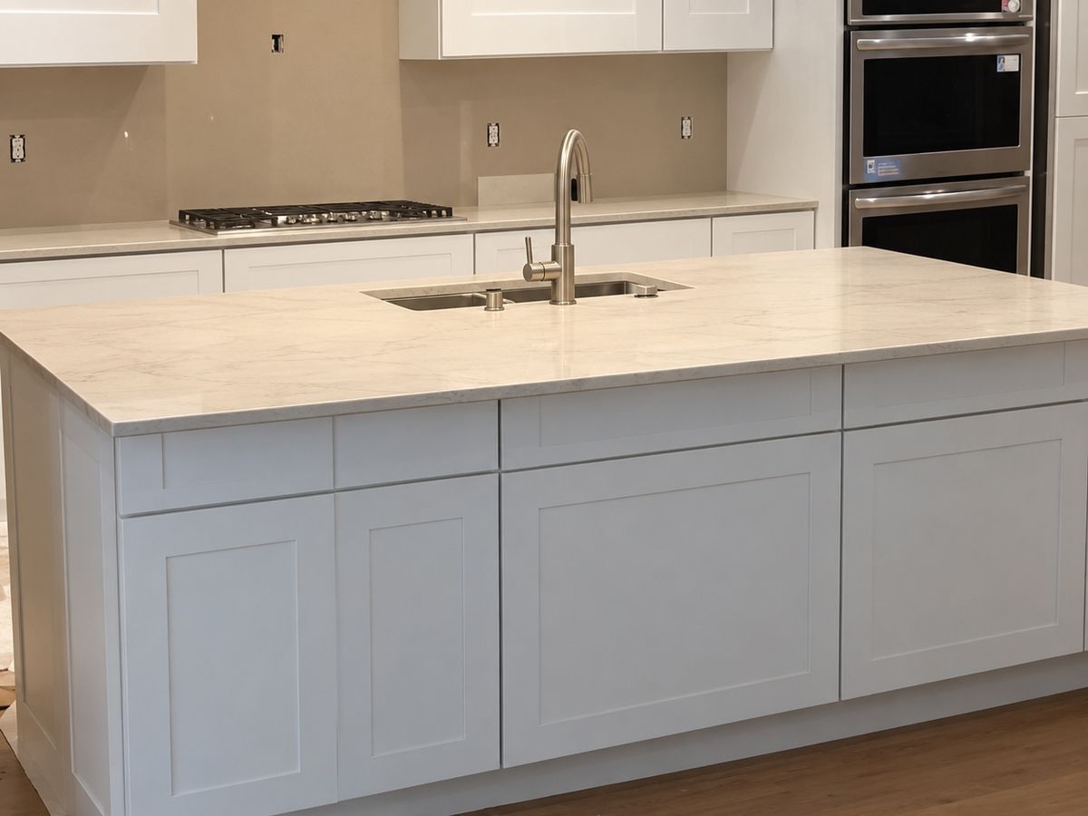 Nearly finished kitchen: a large white shaker island with a white marble-look stone countertop and an undermount sink