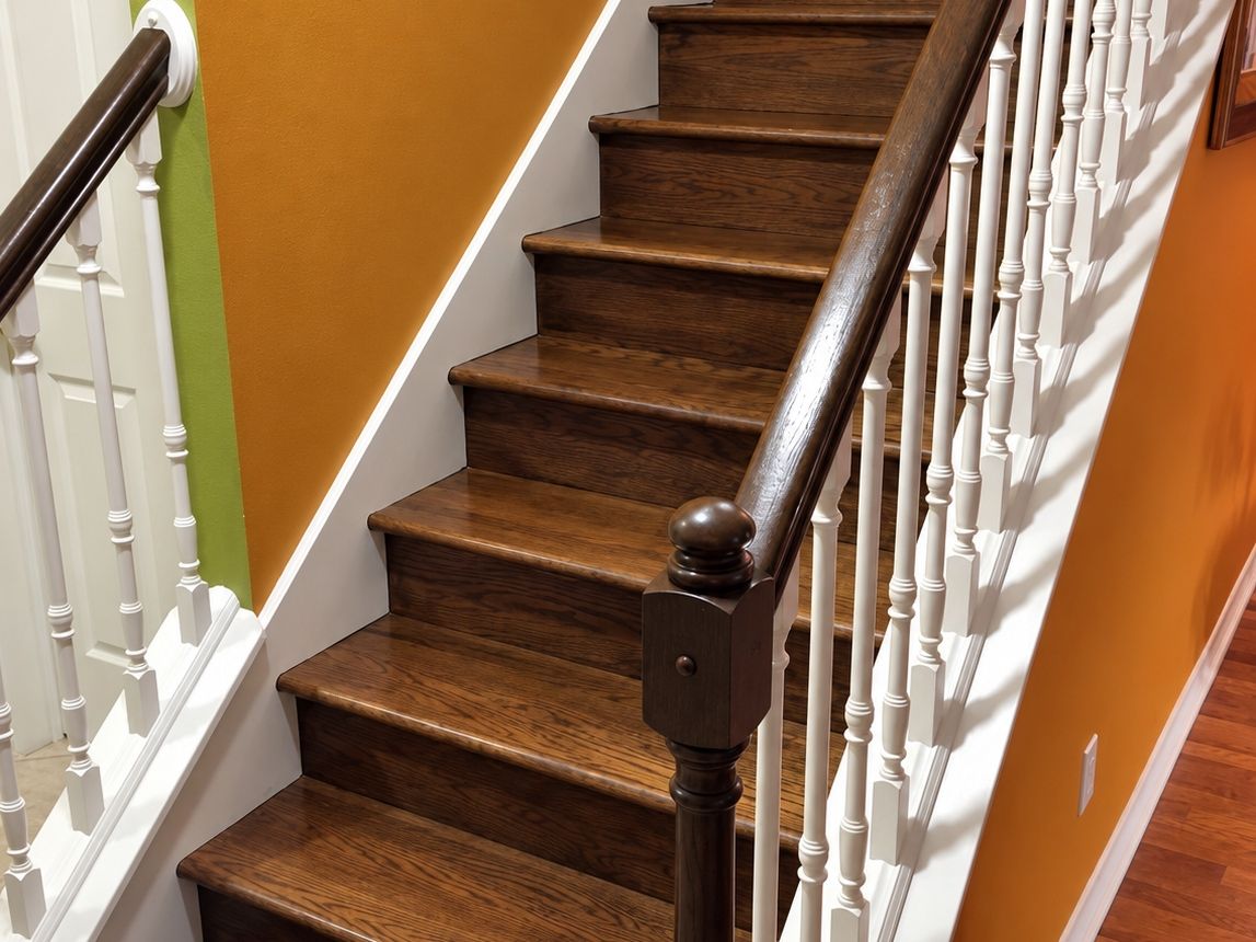 Wood staircase with refinished dark oak treads and risers and white balusters