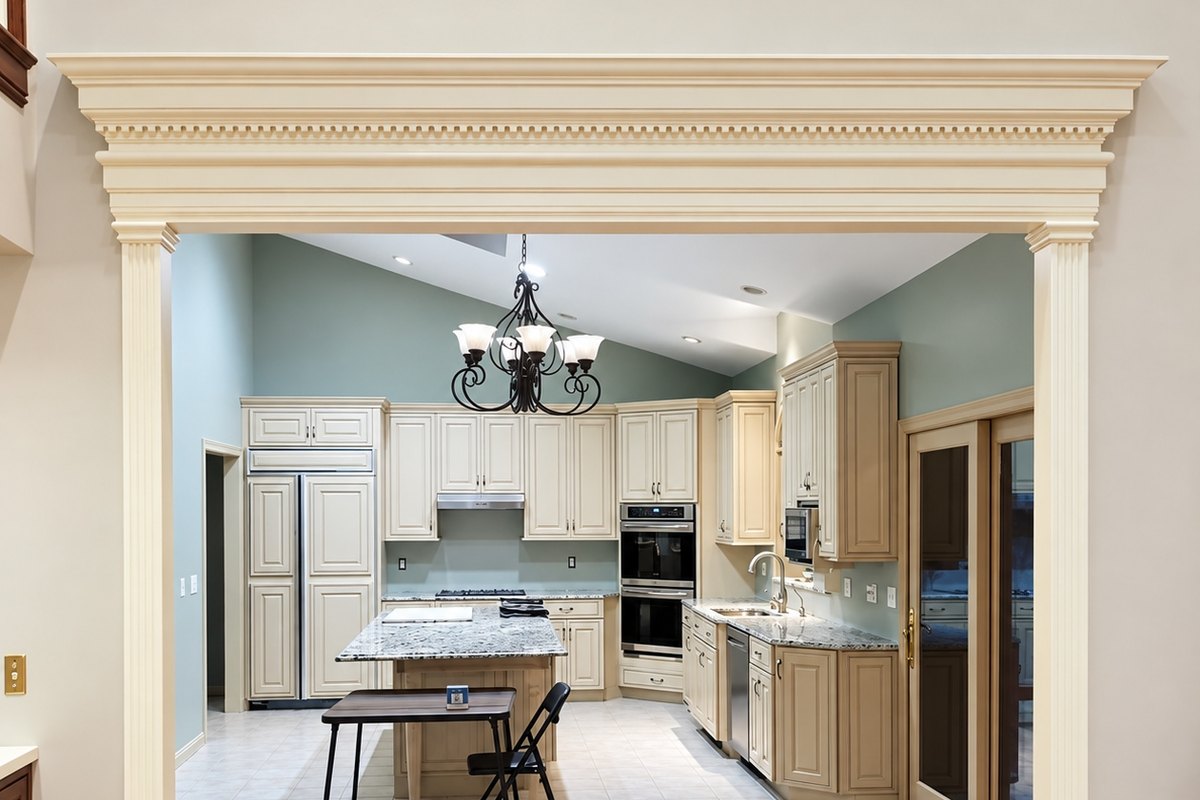 Wide cased opening painted cream with fluted pilasters and a dentil cornice