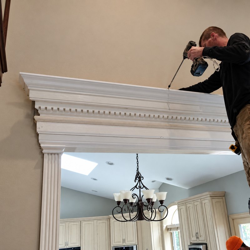 Carpenter leaning over a white dentil header with cream kitchen cabinets beyond