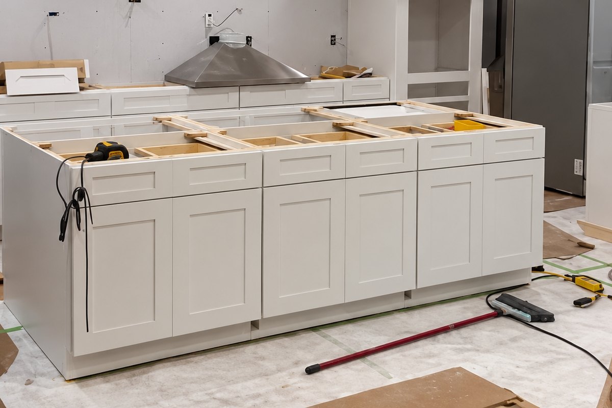 Kitchen mid-install with white shaker base cabinets and a large island