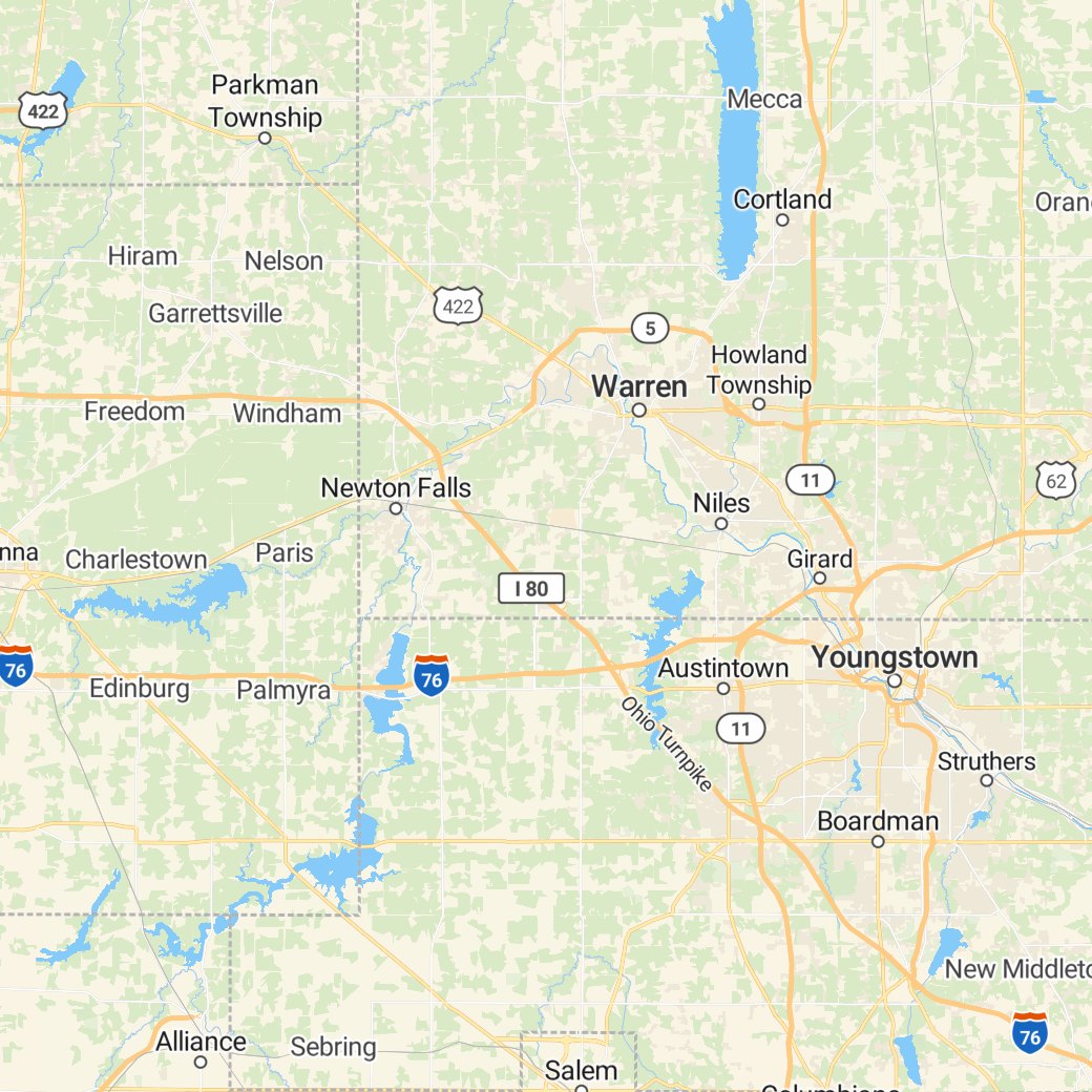 Map of the Mahoning Valley in northeast Ohio, including Warren, Youngstown, and the towns around them