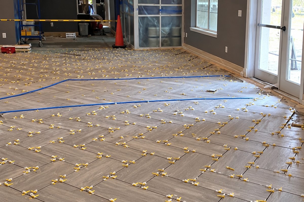 Large open room with gray wood-look plank porcelain tile in a herringbone layout