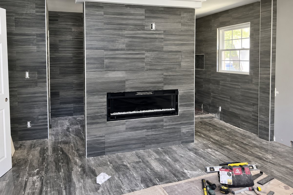 Dark gray wood-grain porcelain tile covering a fireplace chase, the walls, and the floor