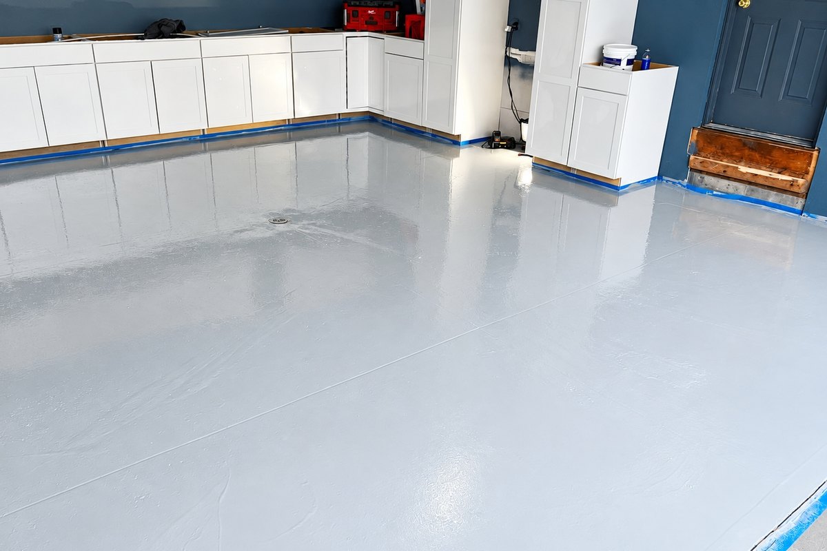 Smooth glossy light gray epoxy floor with a floor drain beside white shaker cabinets