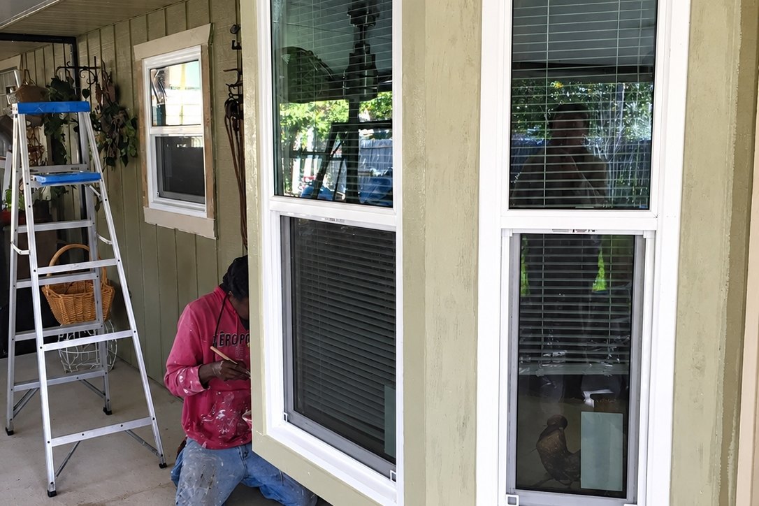 Worker kneeling to finish the base of a new bay window with white sashes in green siding under a porch ceiling